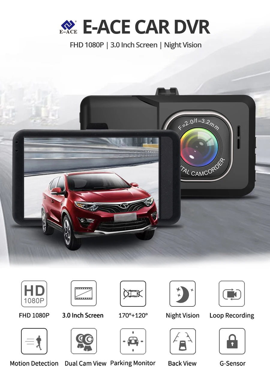 E-ACE B03 Мини Автомобильный видеорегистратор 3 дюйма FHD 1080P двойная камера объектив 170D угол видео регистратор видеокамера Dash Cam РЕГИСТРАТОР ночная версия