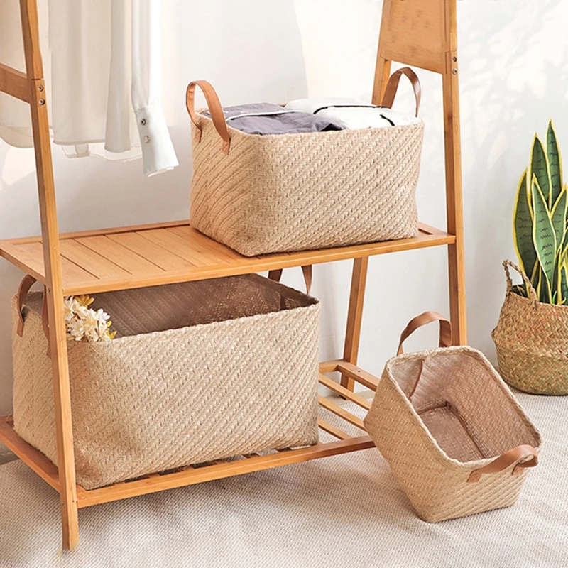 

Jute Storage Basket Rectangle Storage Baskets with Handle Foldable Sundries Organizador for Toy Washable Laundry Container
