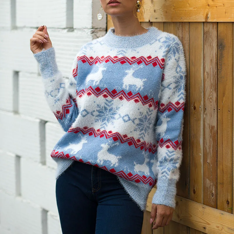 

Elk Christmas Ugly Sweater Female Autumn Winter 2019 Wool Knit Long Sleeve Pullover Jumpers Women's Ribbed Sweaters Tops