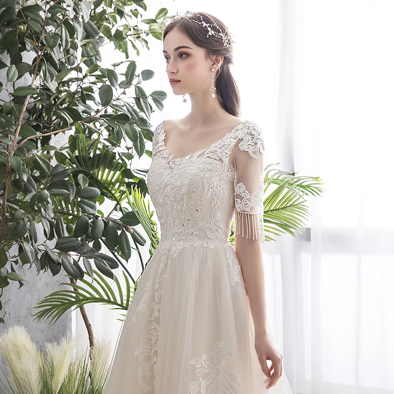

Vestidos De Novia 2020 New V-Neck Beading Wedding Dress A-Line Simple Lace Bridal Dress Sexy Backless Princess Wedding Gown