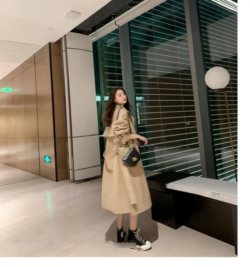 

2021 Spring and Autumn New Women's Long Lace-Up Khaki Double-Breasted Trench Coat British Style Over-The-Knee Coat Trend