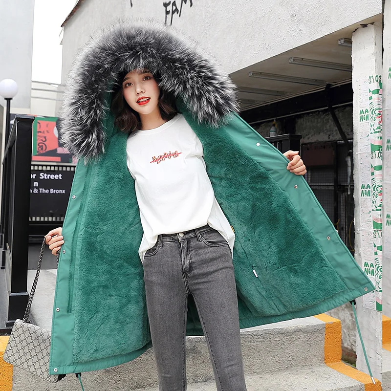 Long Lamb Hair Liner Parker Cotton Jacket Coat  Warm Women's Winter Jackets Belt Big Faux Fur Coats Parkas plus size winter coat