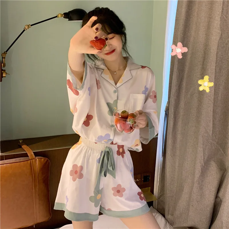 CAIYIER Sweet Nightwear Suit Summer Women Pajamas Turn-down Collar Short-sleeved Sleepwear Korean Girl Floral Print Home Wear