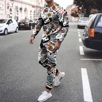 new autumn winter mens round neck sweater trousers 3d two piece poker theme classic sports jogging daily casual style