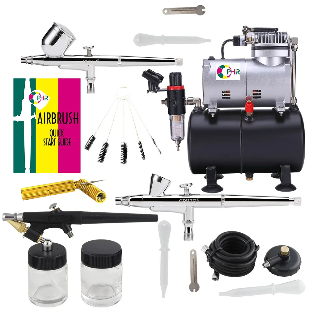 OPHIR 3-Airbrush Spray Guns Kit & Air Compressor with Tank & Cleaning Brush Needle for Model Paint Nail Art AC090+004A+071+073