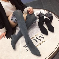 niufuni 2021 autumn shoes woman over the knee sock boots chunky heel knitting fur boots pointed toe elasitc slim botas mujer