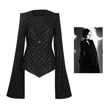 Takerlama  Demon Cruella Cosplay Coat V-neck Collar Black Uniform Woman Long Flared Sleeves Tops Halloween Outfits Adult Costume