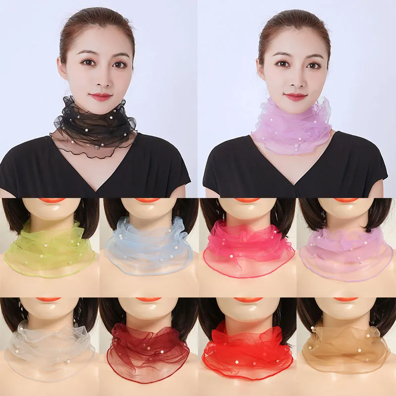 

Ladies Faux Pearl Decor Mesh Scarf Circle Scarves False Collar Scarf Accessories Solid Color Elegant Transparent Organza Scarf