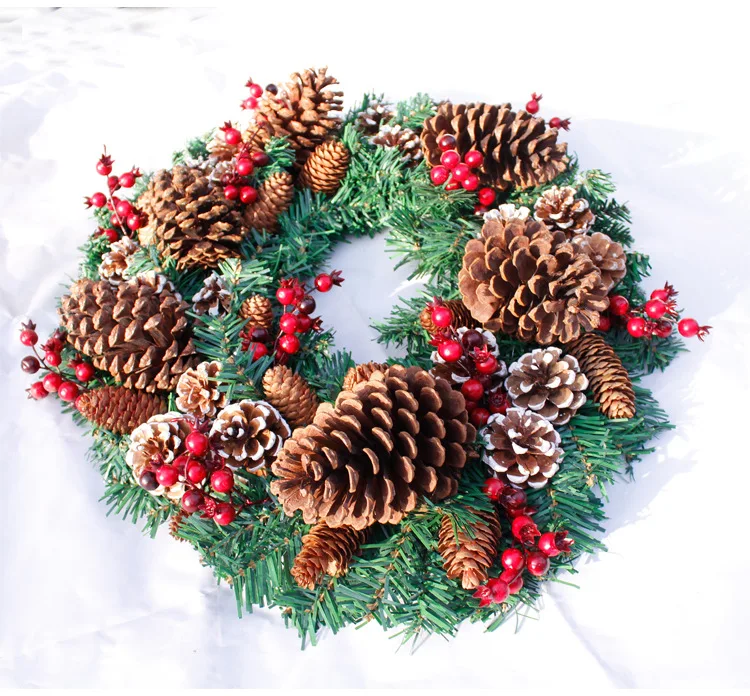 

50cm Christmas Decoration Garland Big Pine Cones Berry PVC Pine Branch Artificial Flowers Welcome Wreath Door Ornaments