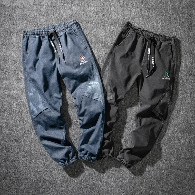 

8XL Spring Autumn Oversize Jeans Men's Plus Fat Elastic Waist Cargo Pants Male Letter Print Denim Trousers Straight Pencil Pants