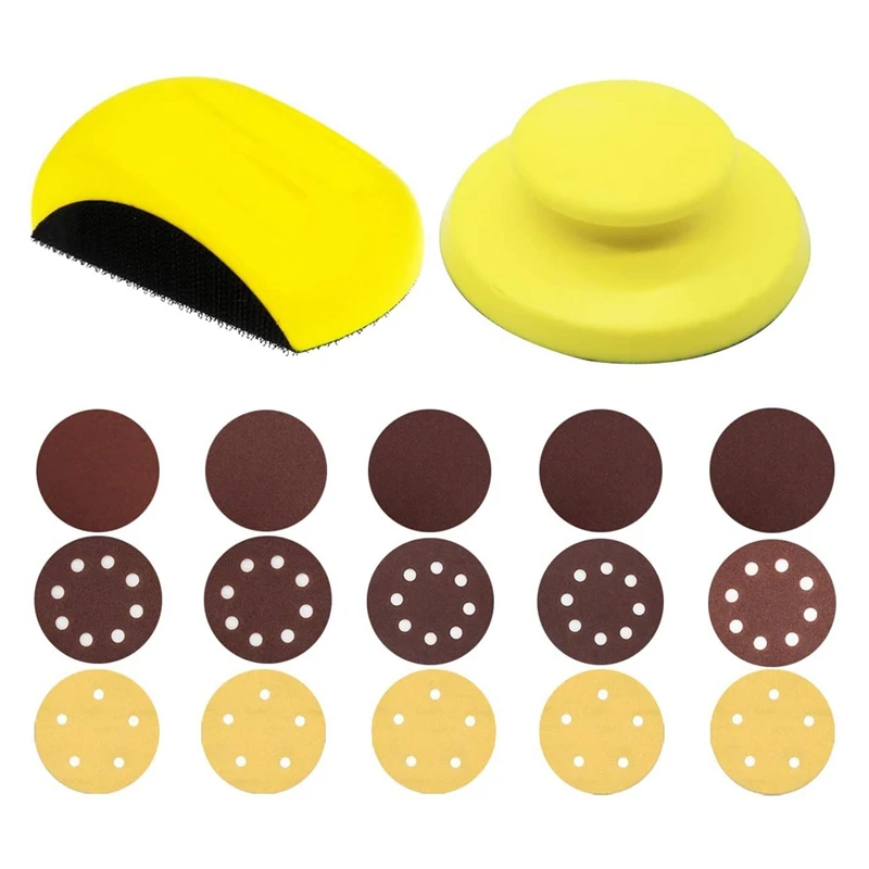 

2 Pcs 5 Inch Hand Sanding Blocks with 15 Pcs 5 Inch Hook and Loop Discs for Wood Furniture Restoration Home Arts Crafts