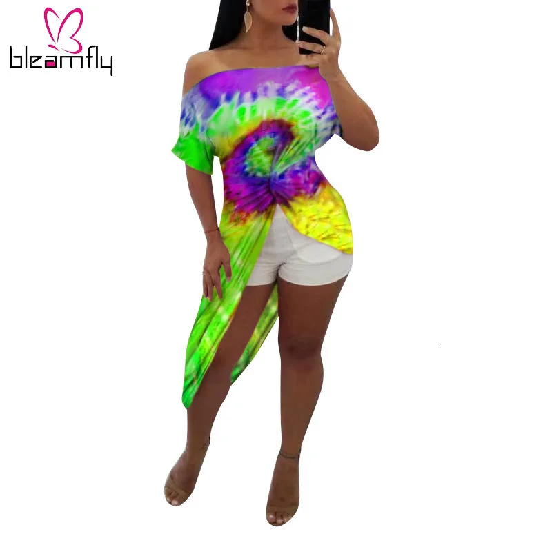 2019 женское платье с черными дырками и принтом Tie Dye открытыми плечами завязками до