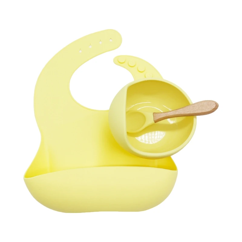 

3 Pcs Baby Newborn Bibs+Suction Dish Bowl Plate+Spoon Set Feeding Tableware Kit Q1FE