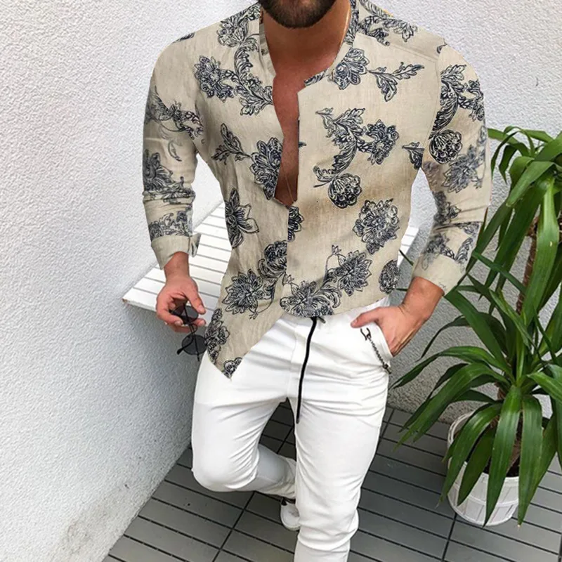 spring and summer clothes cotton polyester shirt men long sleeves print hawaiian beach casual single breasted stand collar shirt free global shipping