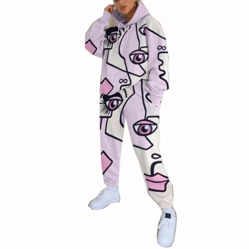 

OMILKA Eye Printed Sporty 2 Piece Set Women Long Sleeve Hooded Sweatshirt and Long Pant Set 2020 Autumn Casual Tracksuits