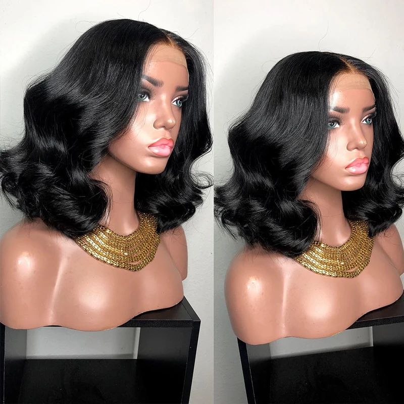 

Jet Black Color Synthetic Hair Lace Front Wigs Water Wave with Baby Hair Short BoB Wavy Lace Wigs with Pre Plucked