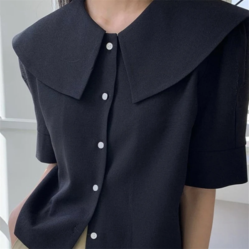 

Summer 2021 New Women Black Blouse White Solid Lapel Long Sleeve Loose Fashion Tide Fit Elegant Female Shirt Tops