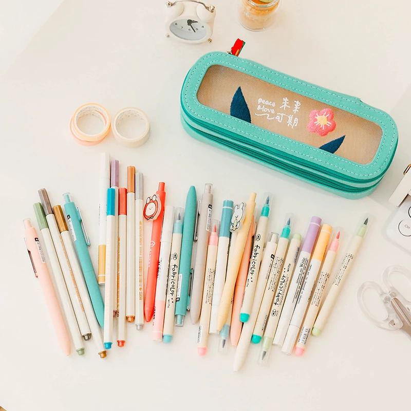 

Kawaii canvas mesh double-layer pen case simple transparent large-capacity storage stationery box exquisite embroidery pen case