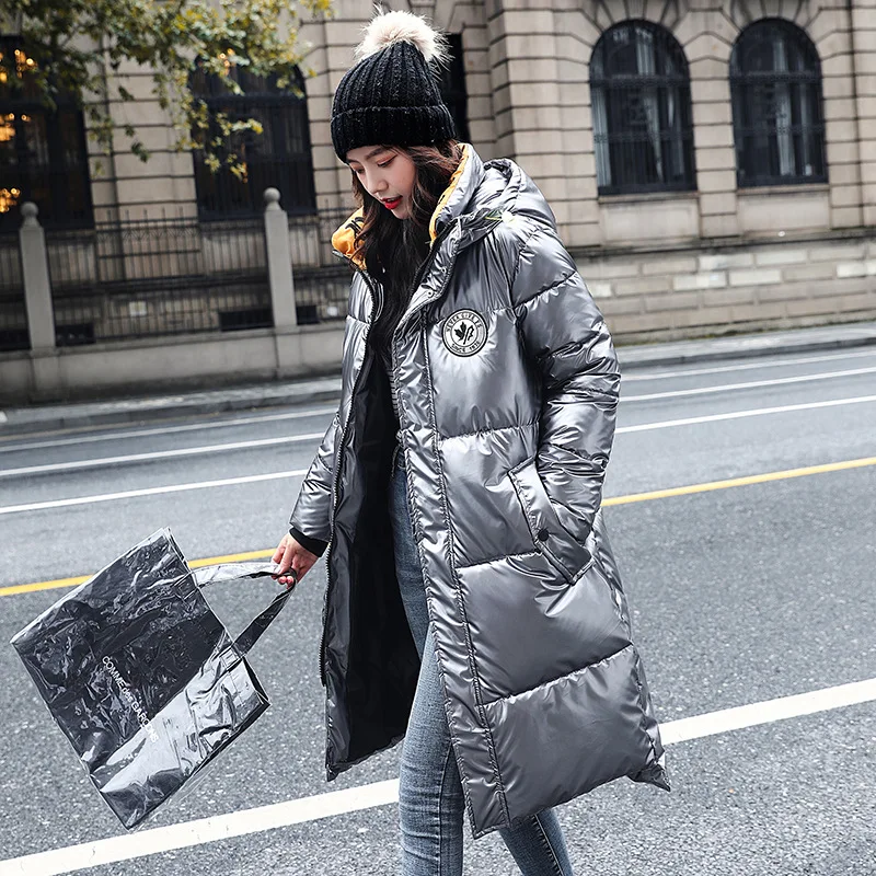 

2020 New fashion Glossy Silver Down Jackets Winter Women's Long Hooded Coat Parkas Thick Winter Jacket Women Outwear Oversized