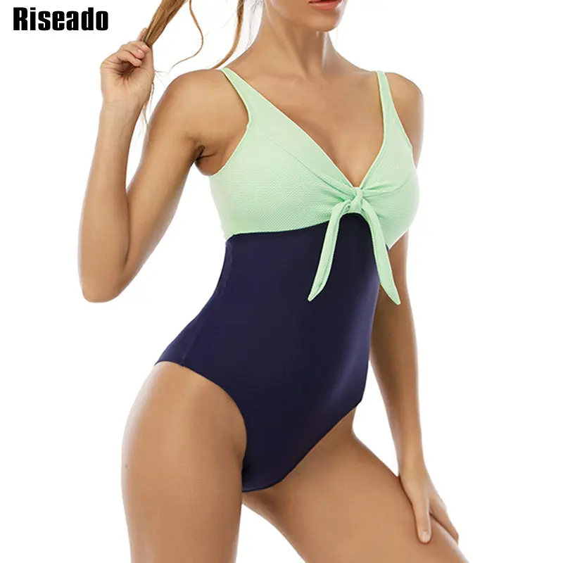 

Riseado Patchwork One Piece Swimsuits Knotted Swimwear Women 2021 Cut Out Bathing Suits Female Swimming Suit Backless Beach Wear