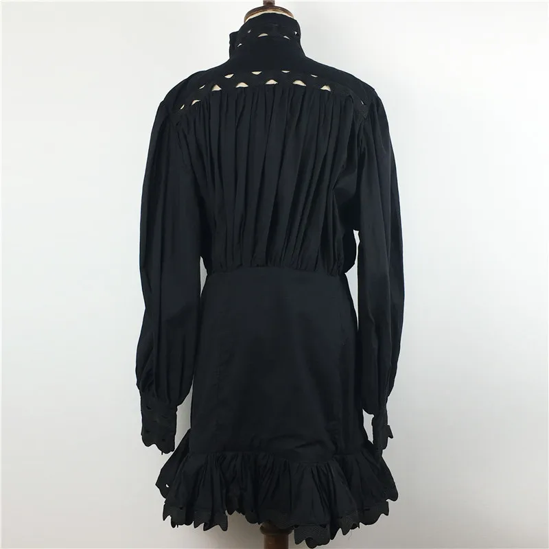 

Spring Summer Dress New Fashion 2021 Women Sexy Hollow Out Patchwork Lantern Sleeve Button Black White Shirt Mermaid Mini Dress