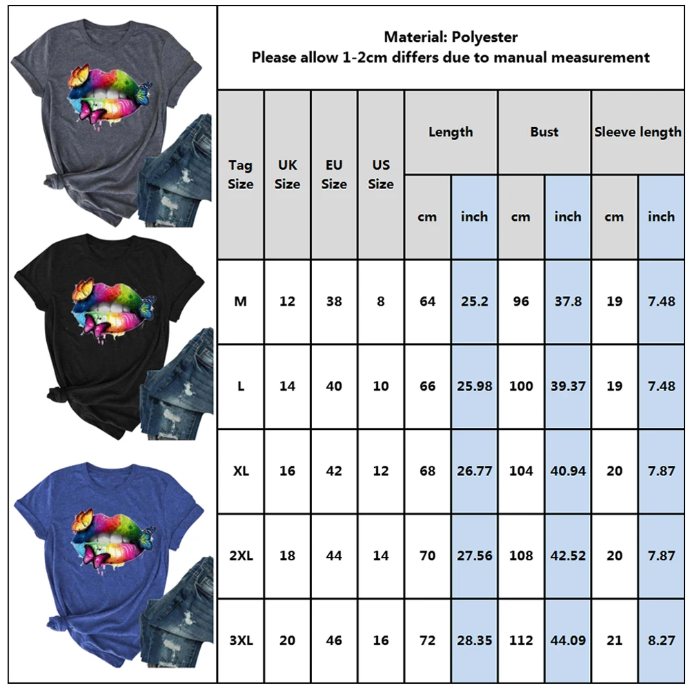 

Womans Butterfly Mouth Print Casual T-shirts Casual Fashion Short Sleeves Summer Round Neck Basic Style Tees Streetwear D30