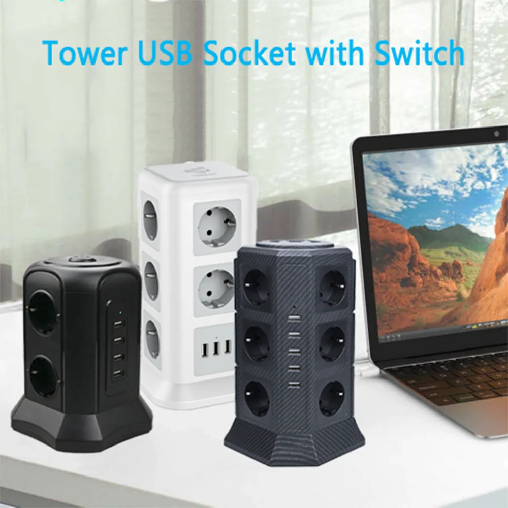 

TESSAN Multi Outlets Power Strip Tower with USB Ports On/Off Swtich and 2M/6.5ft Extension Cord EU Plug Socket Fireproof