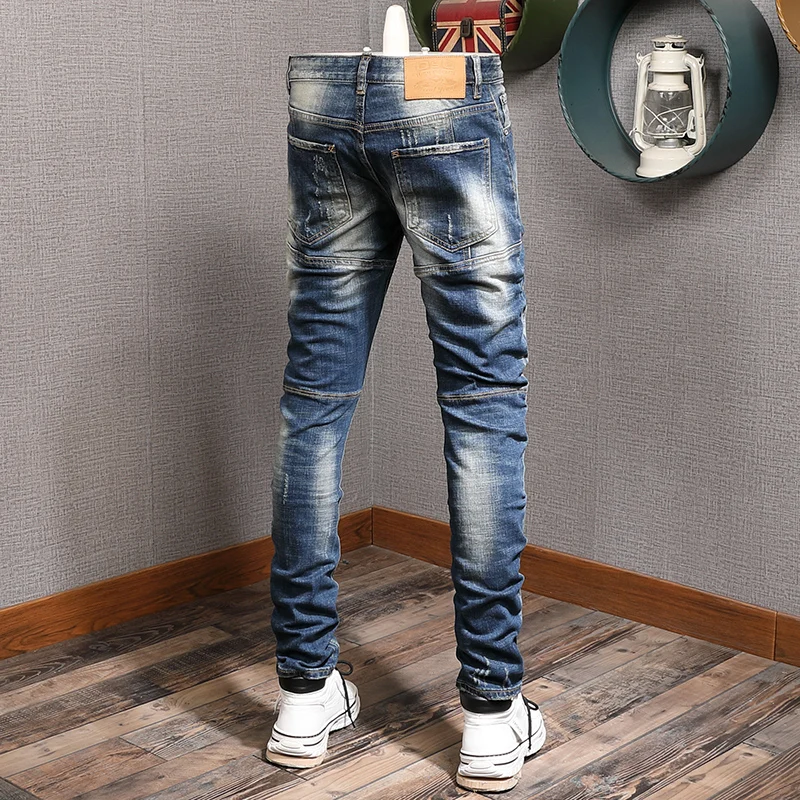 European American Street Fashion Men Jeans Spliced Designer Retro Blue Ripped Jeans Men Patched Pocket Hip Hop Denim Punk Pants