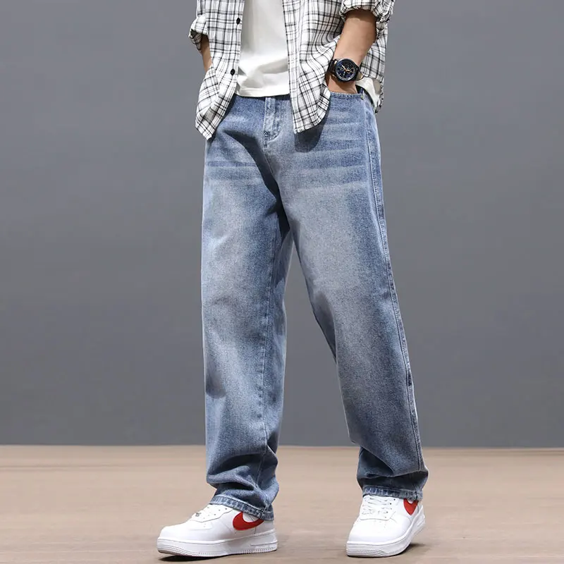 

Fashion Streetwear Men Jeans Loose Fit Retro Blue Vintage Jeans Straight Denim Pants Homme Korean Hip Hop Wide Leg Long Trousers