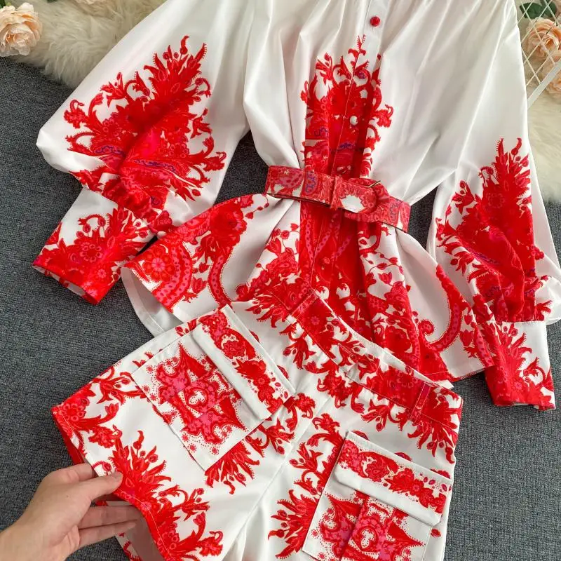 

Women Spring Retro Fashion Print Suits Single Breasted Puff Sleeve Tops+High Waist Wide Leg Short Pants Two Piece Set