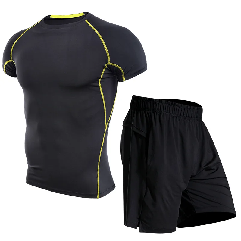 2-yellow Мужская спортивная одежда, костюмы, спортивные колготки, одежда для тренировок, спортивный комплект для бега, спортивный костюм для бега, сухой крой, большие размеры - Цвет: 2-yellow