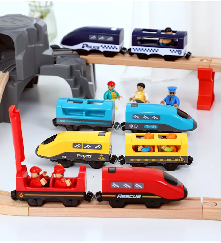 

Voice broadcast sound electric train with carriage and villain compatible brand wooden track toy car small train toy