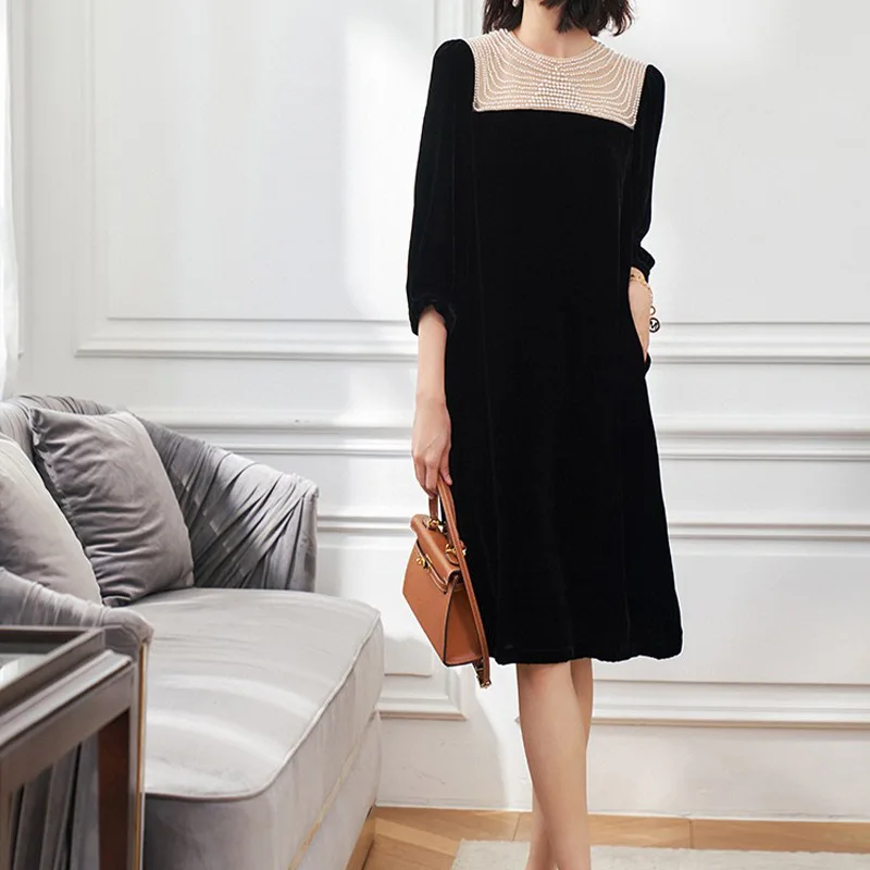

French Elegant Handmade Beaded Silk Velvet Dresses Women Fashion 2022 Winter Long Casual Sexy Office Work Daily Dress Plus Size