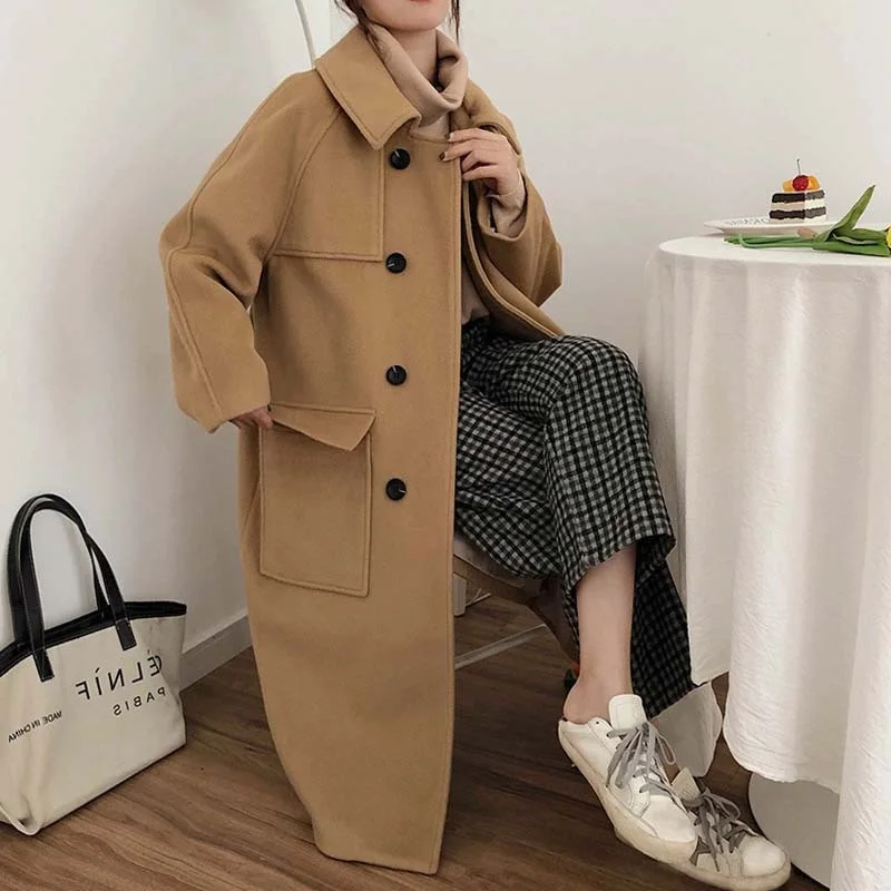 

Корейское свободное двустороннее кашемировое пальто средней длины до колен шерстяное пальто в стиле Хепберн для женщин на осень и зиму 2021