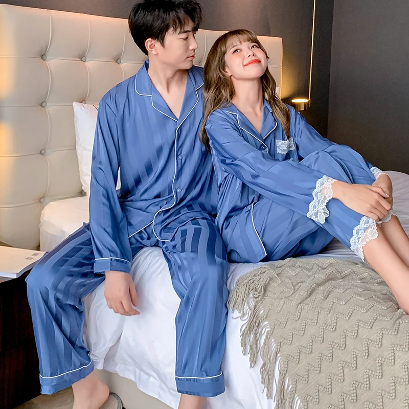 

2021 Spring Women's Pajamas Set Luxury Style Fashion Blue Stripes Sleepwear Silk Like Couple Home Clothes Nightwear for Men