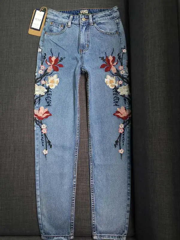 Женские джинсы с объемной вышивкой английские высокой талией размера плюс