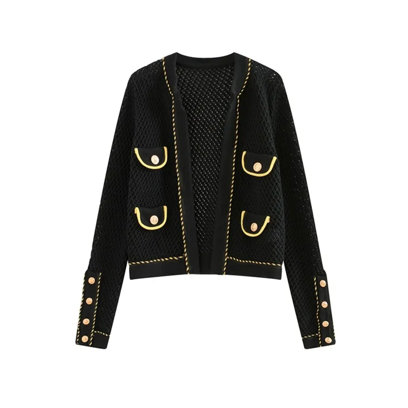 

British Golden Buckle Hollow Out Womens Short Coats Autumn Designer New Fashion Long Sleeve O-Neck Black Female Slim Cardigans