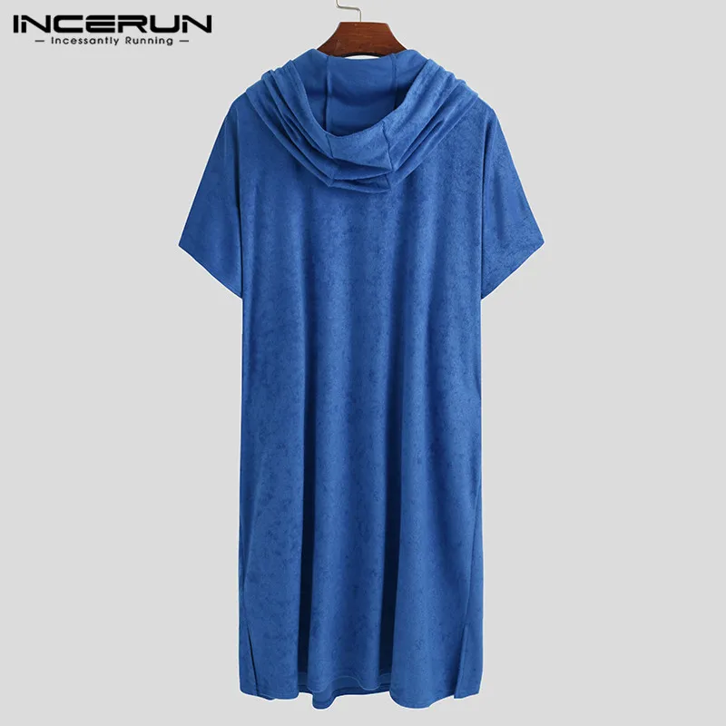 

Men Hooded Bathrobes Pockets Homewear Loose Short Sleeve Solid Color Robes Sleepwear Cozy Beach Men Towel Poncho INCERUN S-5XL 7