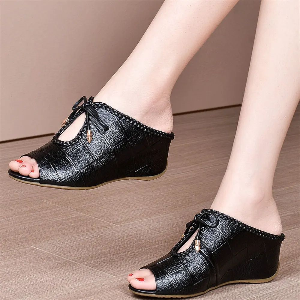 

Lace Up Slippers Women Genuine Leather Med Heel Mules Female Pointed Toe Pumps Shoes Wedges Roman Gladiator Sandals Casual Shoes