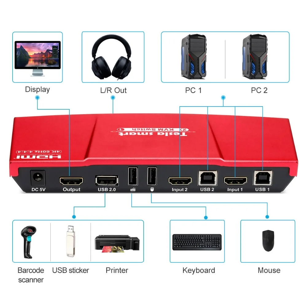 Tesla Smart высококачественный HDMI 4K@60Hz HDMI KVM переключатель 2 порта USB KVM HDMI переключатель поддержка 3840*2160/4K*2K дополнительный USB 2.0 порт красный