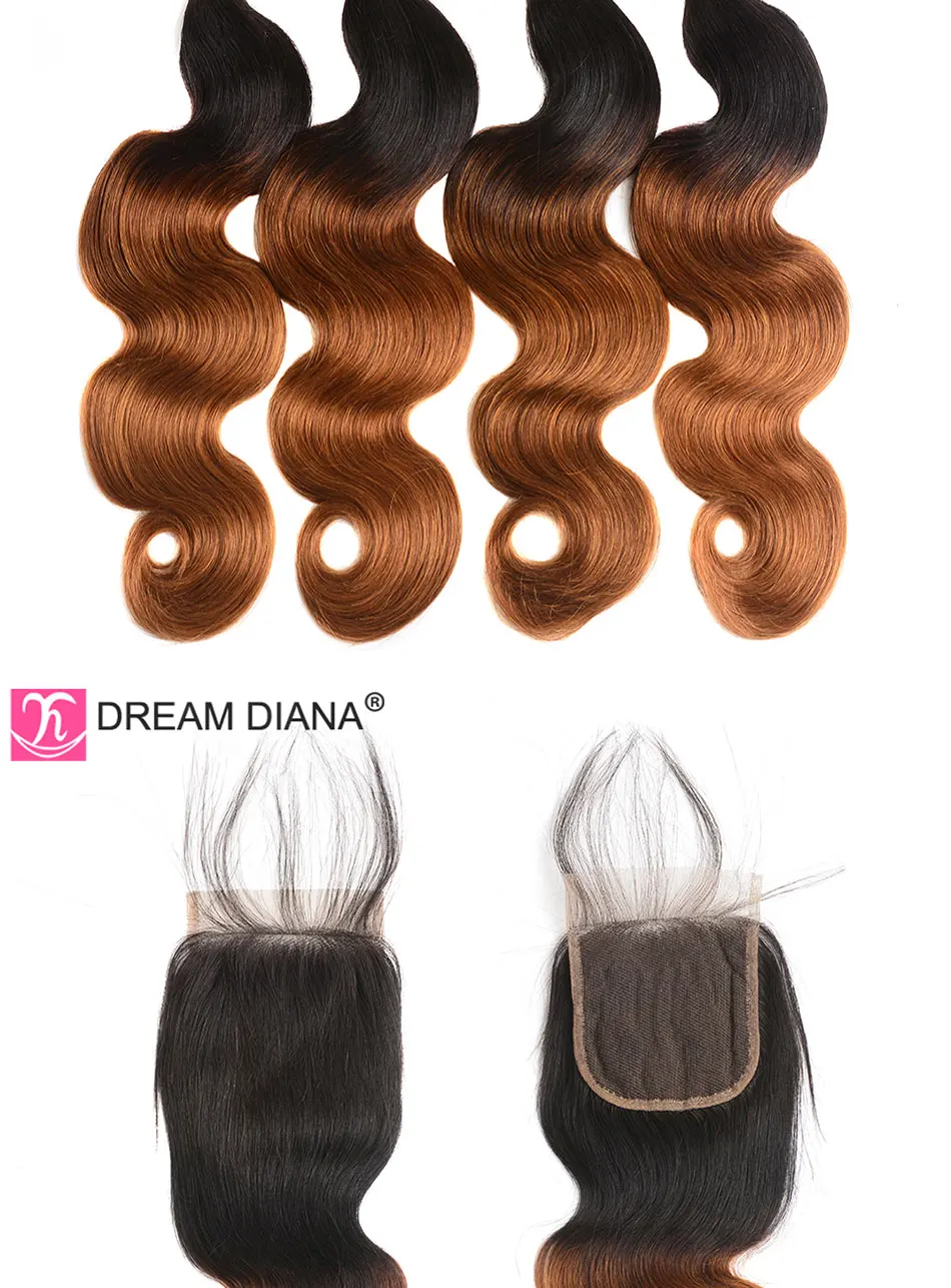DreamDiana Ombre Малазийская волна тела с закрытием двух тонов 1B 30 1"-26" L Омбре пучки волос Remy с закрытием человеческих волос