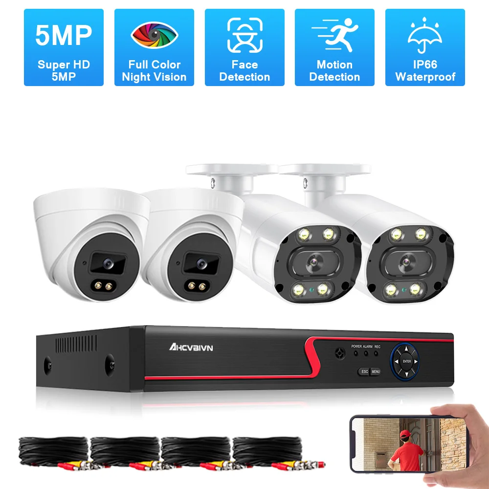 

CCTV Video Surveillance System Kit H.265+ 4CH DVR Outdoor Waterproof Security AHD Camera 5MP Super HD Color Night Vision