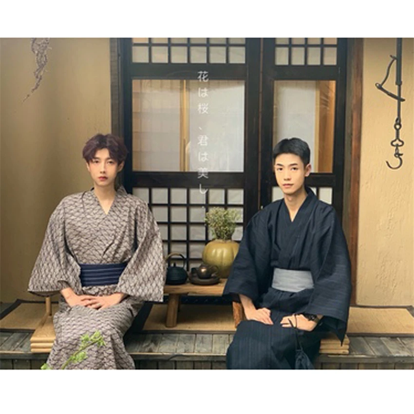 

Men's Yukata Long Kimono Haori Samurai Cotton Pajama Retro Long Cardigan Bathrobe Home Nightgown Traditional Clothes Japan Style