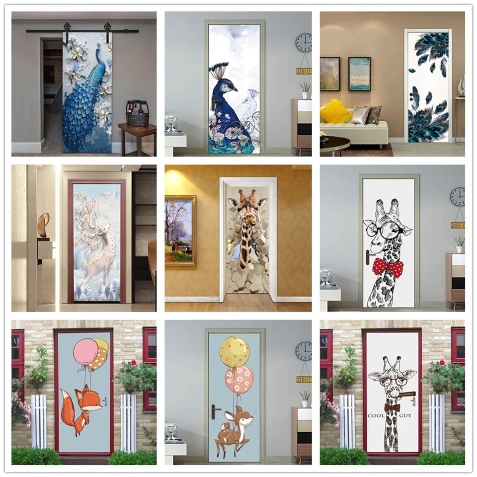 3D Жираф дверь виниловые обои DIY самоклеящиеся водонепроницаемые домашний декор