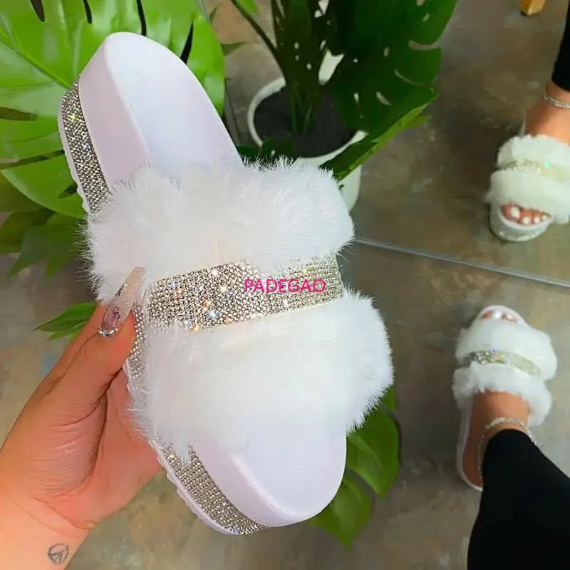 

Rhinestone Women Slippers Flip Flops Summer Fur Slides Women Shoes Crystal Diamond Bling Beach Platform Sandals Casual Shoes