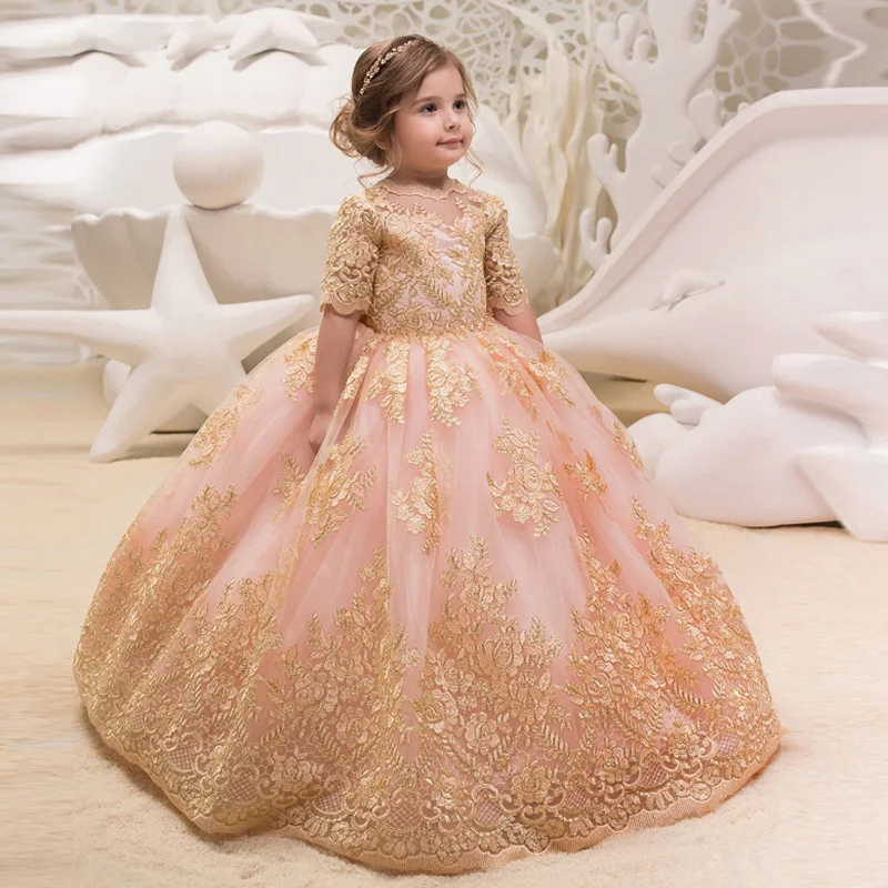 Золотое свадебное платье с вышивкой для детского подросткового крещения длинное