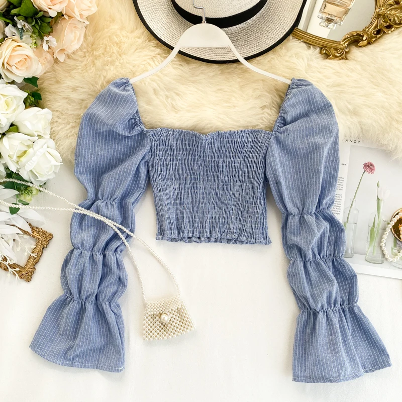 Новый 2021 для женщин с длинным рукавом блузки рубашки пикантным квадратным