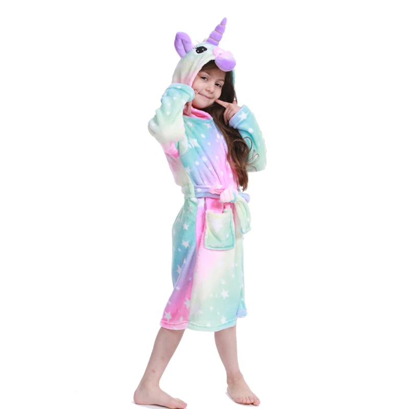 Kigurumi/Детские Банные халаты с капюшоном и единорогом; детский банный халат со звездами и радугой; пижамы для мальчиков и девочек; ночная рубашка; детская одежда для сна - Цвет: Pink star unicorn