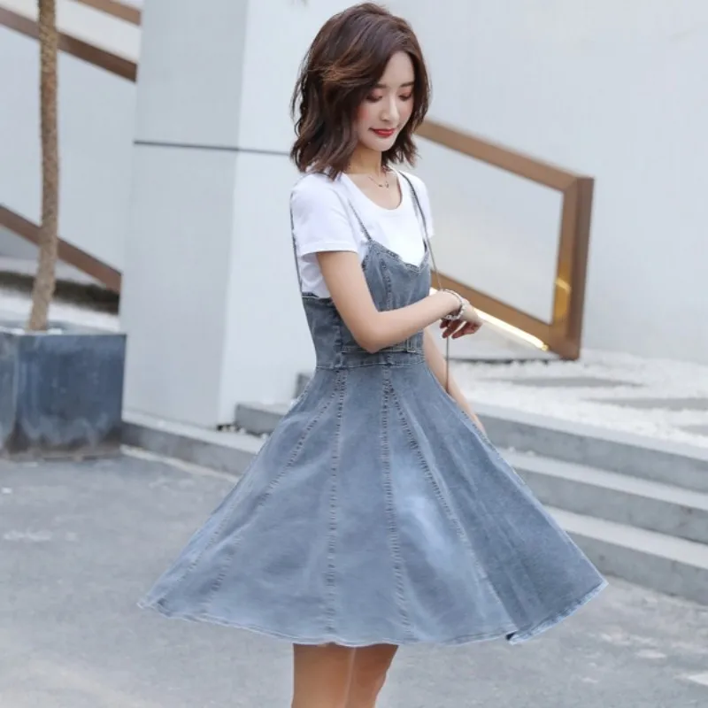 Летнее корейское женское джинсовое платье трапециевидной формы без рукавов на