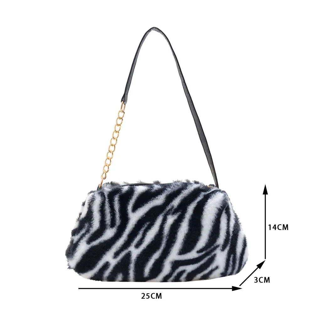

Winter Plush Small Shoulder Bag Women Leopard Zebra Pattern Underarm Bags Female Chain Bag Cow Print Warm Fluffy Fur Tote Bags